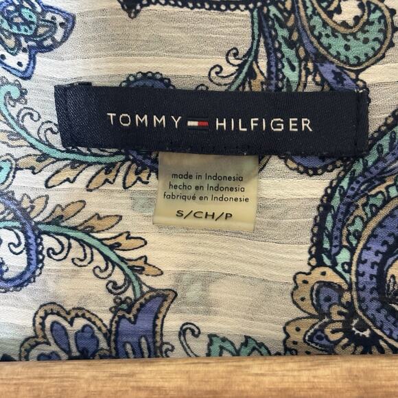 Tommy Hilfiger Sleeveless Paisley Ruffle Button Blouse Flowy Semi Sheer Sz Small - Picture 3 of 7